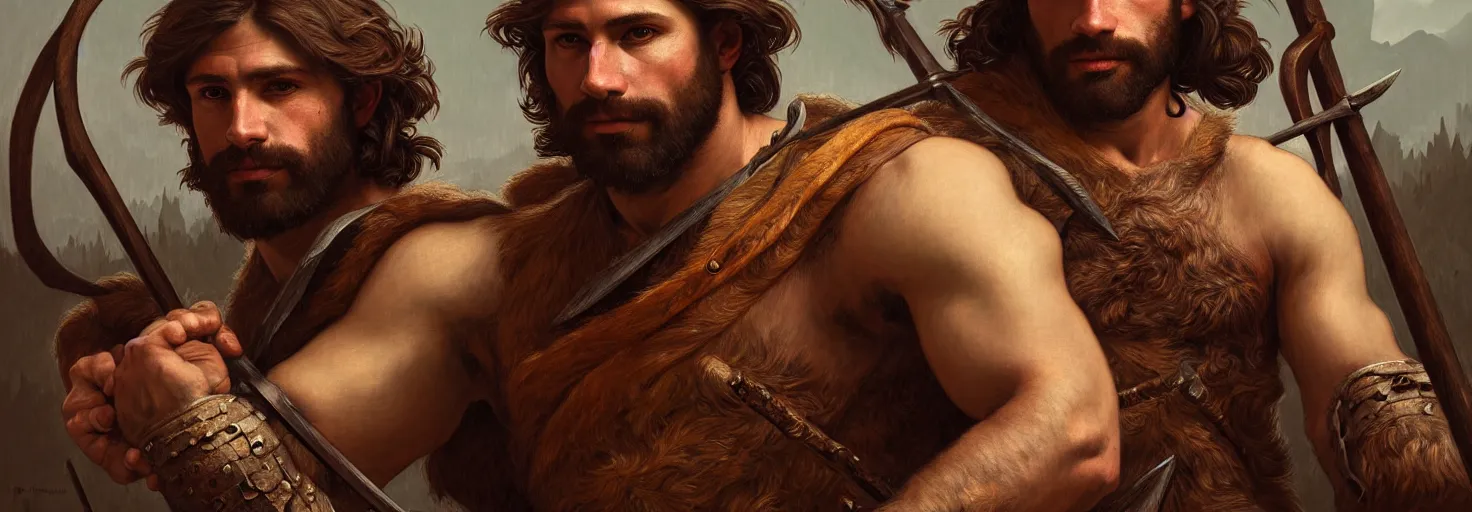 Image similar to renaissance upper body portrait of a gruff ranger with a spear, lean and toned, handsome face, hairy chest, D&D, intricate, elegant, highly detailed, digital painting, artstation, concept art, matte, sharp focus, illustration, art by da Vinci, Artgerm and Greg Rutkowski and Alphonse Mucha