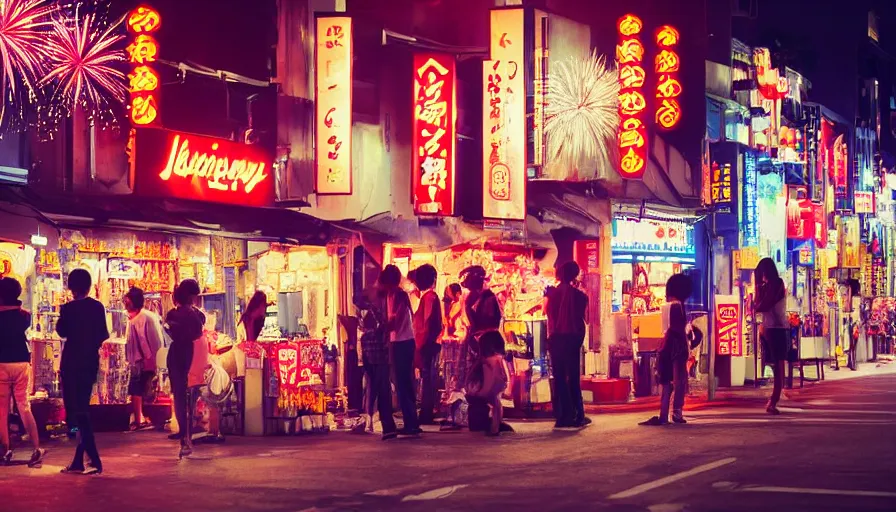 Image similar to street scene outside a japanese fireworks shop with people drinking and being happy, artistic shot, dynamic lighting, night time, neon lights