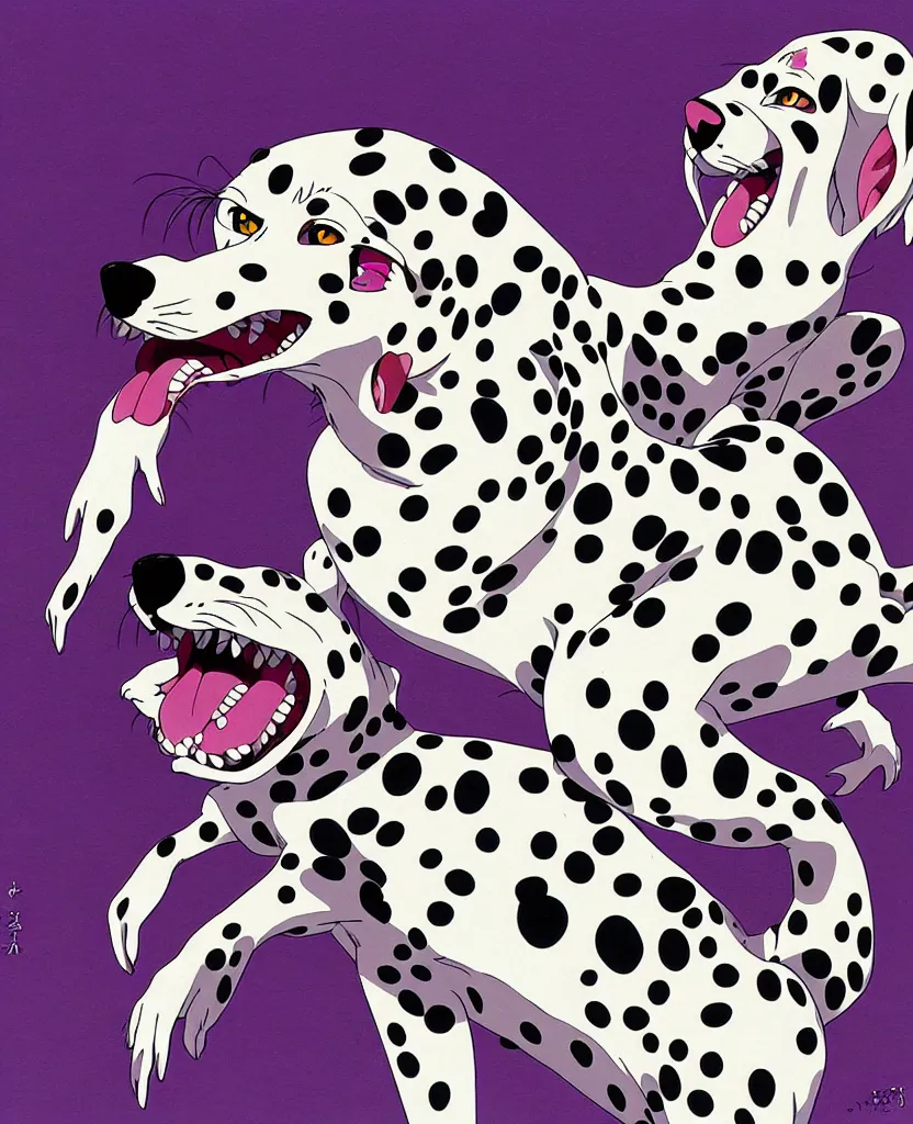 Image similar to beautiful painting from the anime film by studio ghibli, purple anthropomorphic Dalmatian, snarling, drooling, fur, by MC Escher