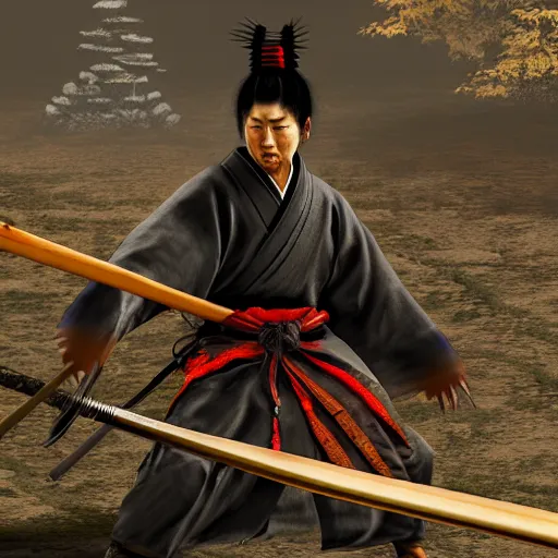 Prompt: japanese samurai boss inspired from sekiro shadows die twice near a river, digital illustration, highly detailed art, 8k image quality, full body camera shot