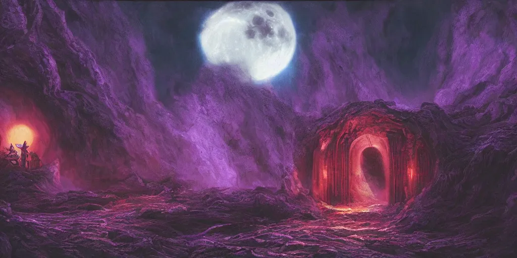 Image similar to hyper detailed beautiful painting of the gates to hell, midnight, moon light, volumetric lighting, dark, purple light, scary, sad, back lit