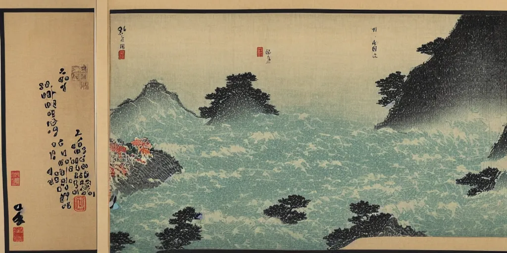 Image similar to A Korean woodblock print of mountains, two waterfalls and a roaring river