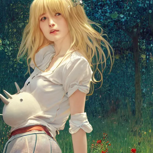 Image similar to A playful young woman with blonde long hair and bangs in shorts and a white blouse and Totoro drawn by Zeronis and Luis Royo and Robert McGinnis and alphonse mucha, background by James Jean and gustav klimt, 4k, sunny day, volumetric lighting, french nouveau, trending on artstation, octane render, hyperrealistic