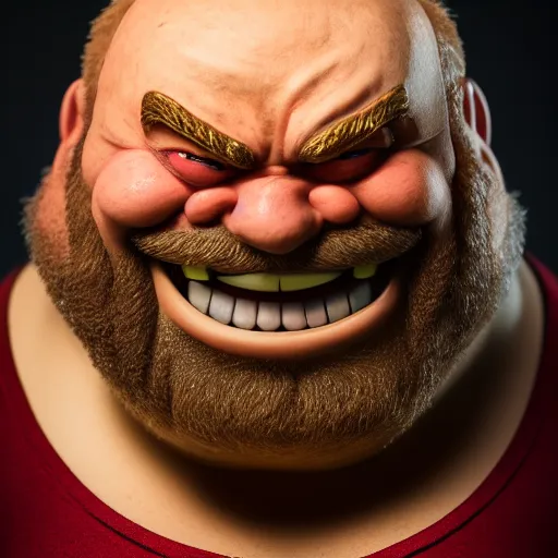 Prompt: gragas from league of legend smiling, fantasy, EOS R5, f/1.8 , HDR, natural lighting , award winning photograph, 8k, Mucha style,