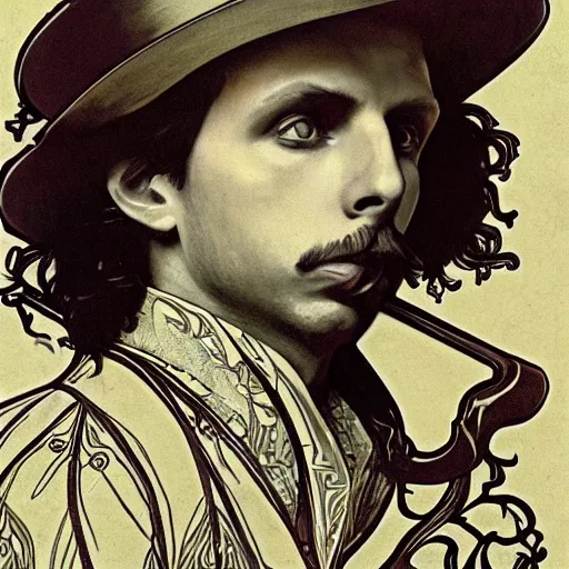 Image similar to a detailed portrait of michael cera as an old west villain, long twirling moustache, by alphonse mucha and arthur mucha, god rays, intricate detail, cinematic, 8 k, featured on artstation, pixiv