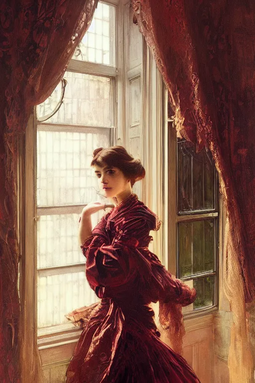 Prompt: an intricate artistic pose painting of a beautiful young victorian lady looking through a window with an artistic pose wearing a beautiful velvet dress, hyper detailed, octane render, vivid colors, artstation, by jeremy mann, alphonse mucha, by boris vallejo