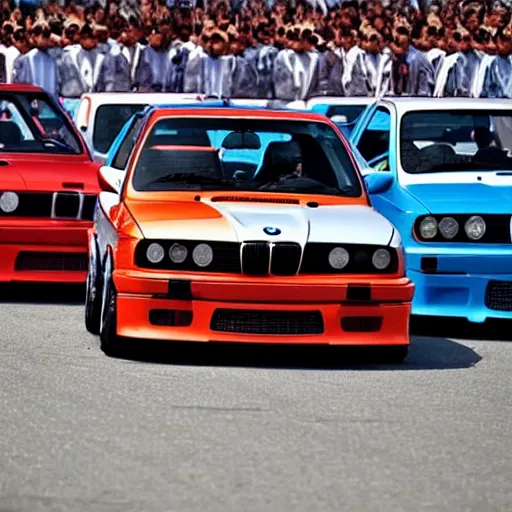 Prompt: bmw m 3 e 3 0 painted like north korean flag, in north korean parade
