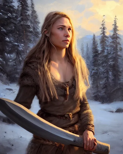 Image similar to cinematic shot epic portrait an female viking holding an stone axe, winter backround, cloudy, dust, shiny skin, beautiful, fine details. night setting. realistic shaded lighting poster by craig mullism, artgerm, jeremy lipkin and michael garmash, unreal engine, radiant light, detailed and intricate environment, digital art, trending on art station,