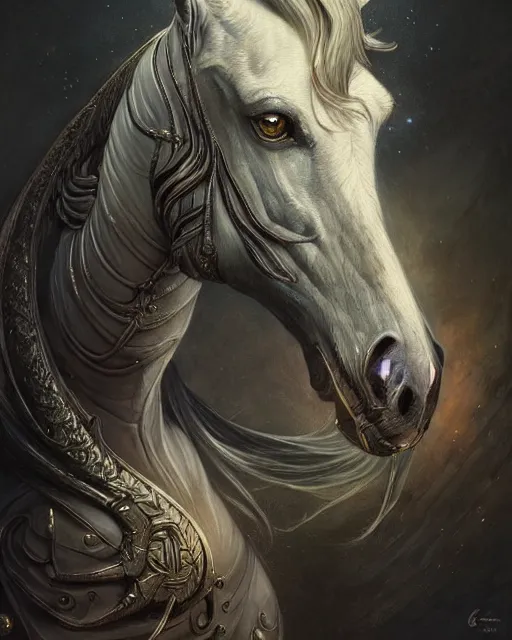 Image similar to horse art by giger, deep focus, d & d, dark fantasy, intricate glow accents, elegant, highly detailed, digital painting, artstation, concept art, matte, sharp focus, 8 k 3 d, hearthstone, art by artgerm and greg rutkowski and alphonse mucha