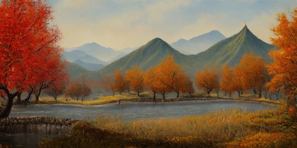 Prompt: painting of a FANTASY winery in BEIJING autumn, with a river winding through them. In the distance, there are mountains. by bob ross, Albert Bierstadt, oil on canvas, immaculate scale, hyper-realistic, trending on Artstation, 8k, detailed, atmospheric, immaculate