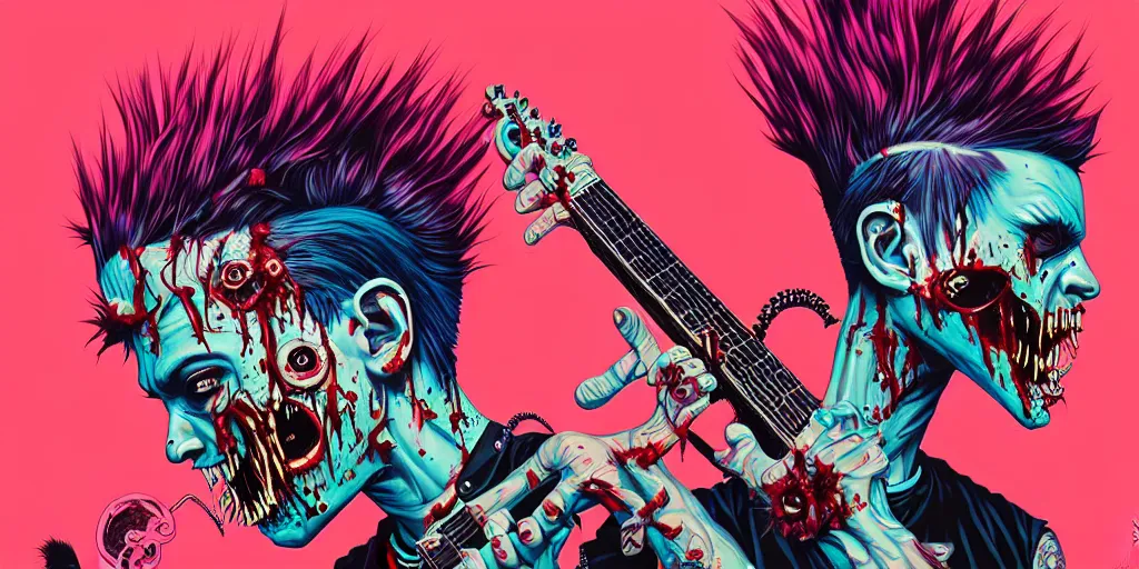 Image similar to a zombie punk rocker with a mohawk playing electric guitar, tristan eaton, victo ngai, artgerm, rhads, ross draws, cinematic by francis tneh