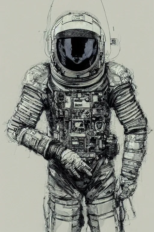 Image similar to portrait of a future cosmonaut with helmet having cybernetics and wirings, pen and ink, intricate line drawings, by craig mullins, ruan jia, kentaro miura, greg rutkowski