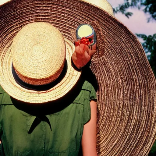 Prompt: A closeup film photography of an Alien wearing straw hat, photo bySlim Aarons, award winning, 4K