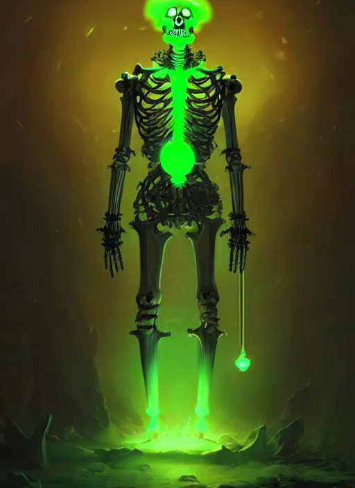 Image similar to portrait of a cyber skeleton, holding a glowing green crown of phantasmal swords, intricate, glowing lights, highly detailed, digital painting, artstation, concept art, smooth, sharp focus, illustration, art by wlop, mars ravelo and greg rutkowski