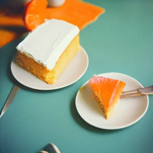 Prompt: wonen eating orange cake coloured film photography, 5 0 mm film