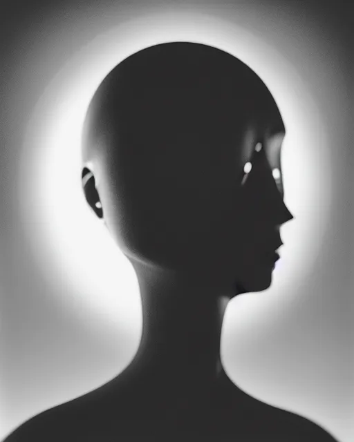 Image similar to black and white high quality photo of a beautiful female AI vegetal-cyborg looking into a sci-fi mirror, volumetric lighting, liminal space, brutalism, foggy, dreamy, hyperdetailed, bokeh, photorealistic, cinematic, masterpiece, Metropolis, Fritz Lang, elegant, dark, by Man Ray in the style of Horst P. Horst, octane render, 8K,