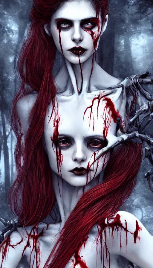 Image similar to photo woman skeleton body!!, in a dark forest, black bones!!, covered with blood, alexandra daddario face!!, long red hair, black heavy eyeliner, blue eyes, realistic, sharp focus, 8 k high definition, insanely detailed, intricate, elegant, art by stanley lau and artgerm, luis royo, greg kutkowski