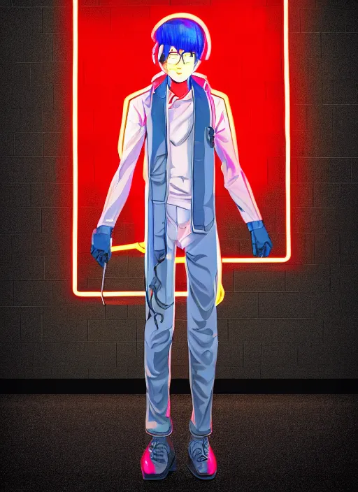 Prompt: Male cyborg wearing a school uniform, standing on street corner lit by a neon sign”, full body shot, cyberpunk, Digital art, detailed, anime