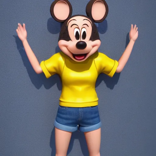 Image similar to 3 d render, portrait, upper body shot, mid shot, anthropomorphic mouse, female, wearing denim short shorts and a off yellow tank top shirt, in the style of disney's robben hood