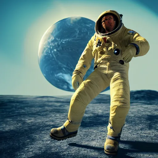 Image similar to apollo 8 cowboy earthrise cowboy in cowboy space, octane render, blender render, unreal engine, 3 5 mm, cowboy, with earth in rising in the sky in the background