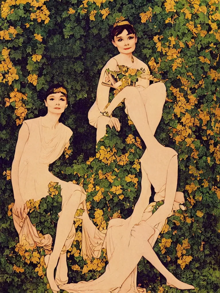 Prompt: Audrey Hepburn in Breakfast at Tiffany's by Maxfield Parrish, Art Nouveau
