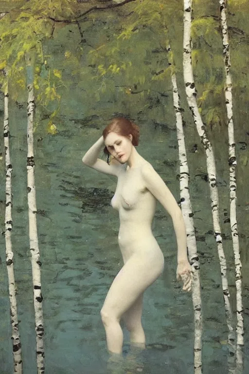 Image similar to “ woman in kimono, posing underwater before birch trees, jeremy lipking, joseph todorovitch ”