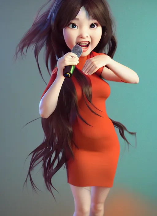 Image similar to a cute asian girl singing, flowing hair in the style of pixar animation, full body shot, award winning, hyper detailed, studio lighting, artstation, octane renderer, unreal engine