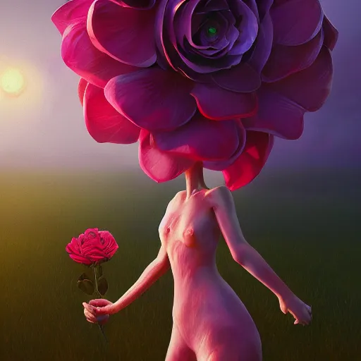 Image similar to closeup, giant rose flower head, frontal, girl in a suit, surreal photography, sunrise, dramatic light, impressionist painting, digital painting, artstation, simon stalenhag