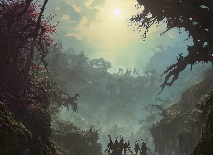 Image similar to highly detailed undead land, stephen bliss, unreal engine, wuxia art by greg rutkowski, loish, rhads, ferdinand knab, makoto shinkai and lois van baarle, ilya kuvshinov, rossdraws, tom bagshaw, alphonse mucha, global illumination, radiant light, detailed and intricate environment