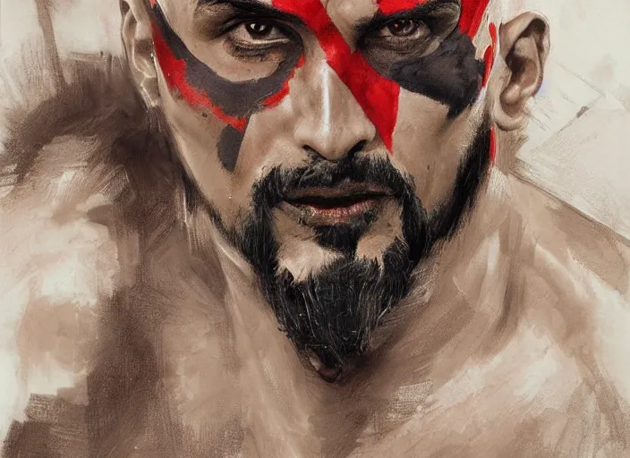 Prompt: a highly detailed beautiful portrait of arturo vidal as kratos, by gregory manchess, james gurney, james jean