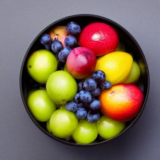 Prompt: bowl of fruit, black background, depth of field