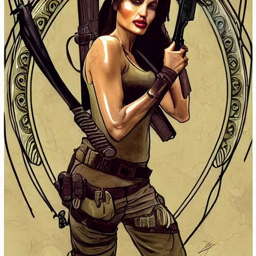 Image similar to angelina jolie as lara croft, mucha style,