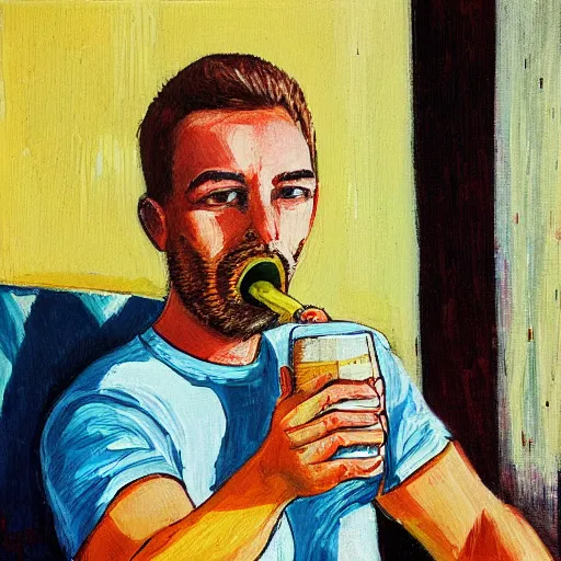 Image similar to Guy who drink beer while watching TV, junk foods, by Philippe Vuillemin