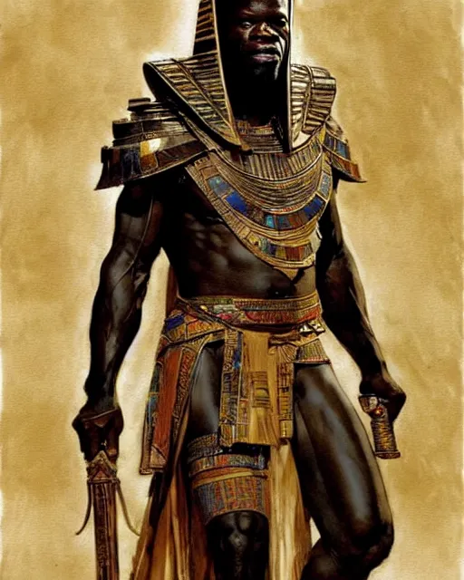 Image similar to concept art by anders zorn and craig mullins depicting djimon hounsou as a tall and very lean temple guard dressed in ancient egyptian decorative armor, flowing robes, harem pants, and leather strapped sandals