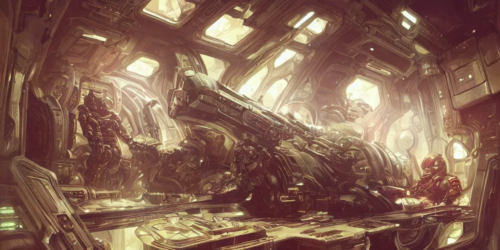 Image similar to ultra realistic illustration,, luxury spaceship interior from doom and warhammer 4 0 k, intricate, elegant, highly detailed, digital painting, artstation, concept art, smooth, sharp focus, illustration, art by artgerm and greg rutkowski and alphonse mucha