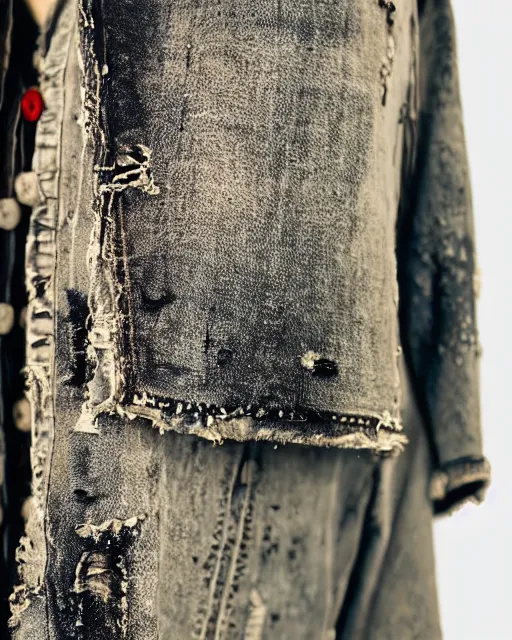 Prompt: a close up award - winning photo of a thick plain cropped extremely baggy distressed pirate designer menswear cloth jacket designed by alexander mcqueen, 4 k, studio lighting, wide angle lens