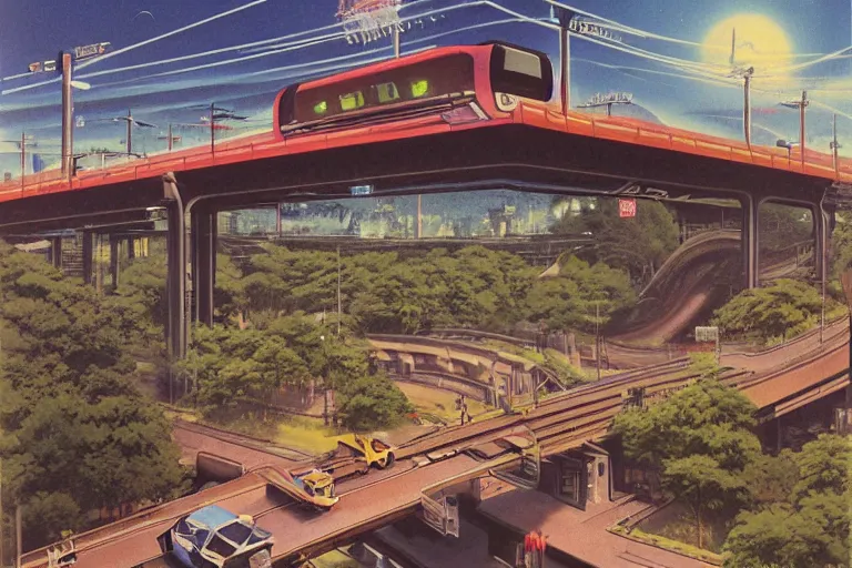 Image similar to 1 9 7 9 omni magazine cover of train bridge going above a park in osaka. cyberpunk style by vincent di fate