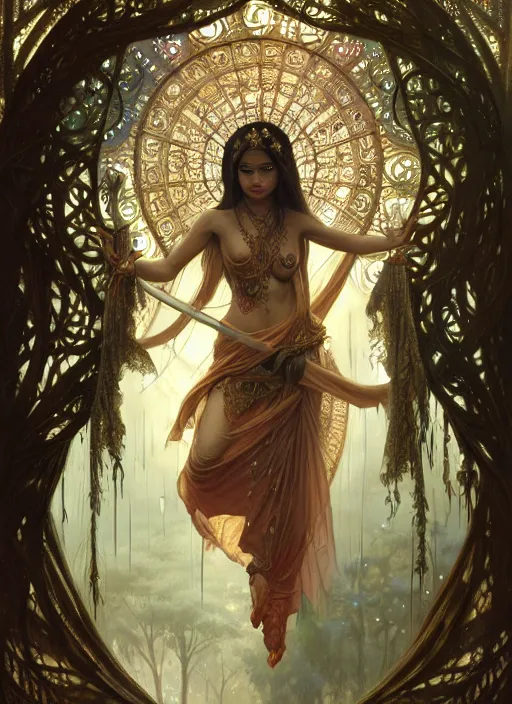 Image similar to kuntilanak on bayan tree, d & d, wet, shiny, fantasy, intricate, baroque, elegant, higly detailed, dramatically art, ultra definition, digital painting, artstation, concept art, smooth, sharp focus, illustration, art by artgerm and greg rutkowski and alphonse mucha and garis edelweiss and alex flores