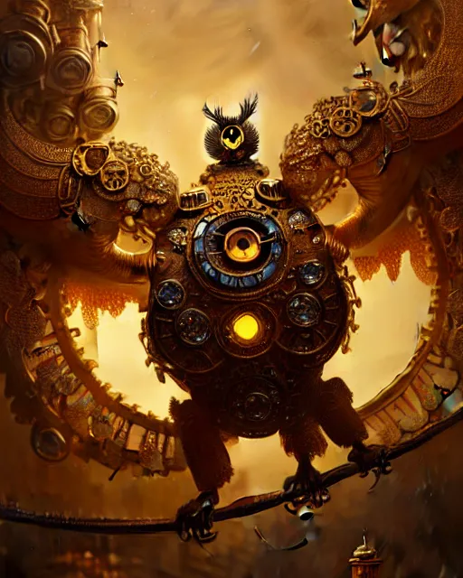 Image similar to oil painting of ornate intricate golden Steampunk owl Golem fighting chinese dragon, sharp focus, fantasy style, steampunk city background, octane render, volumetric lighting, 8k high definition, by greg rutkowski, highly detailed, trending on art Station