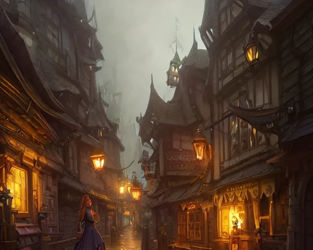 Image similar to fantasy town streets, cloudy, dark, natural lighting, deep focus, d & d, fantasy, intricate, elegant, highly detailed, digital painting, artstation, concept art, matte, sharp focus, illustration, hearthstone, art by artgerm and greg rutkowski and laura sava and alphonse mucha