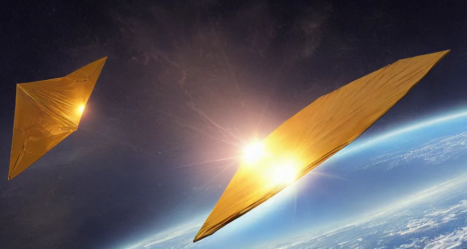 Image similar to solar sail, floating in space between the sun and earth, artstation