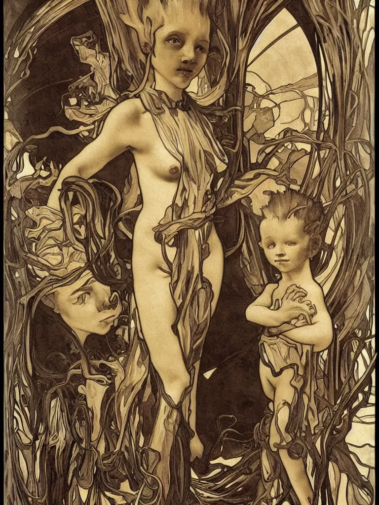 Image similar to realistic detailed portrait of a baby groot in the mirror, god ray behind,, scary style, by alphonse mucha