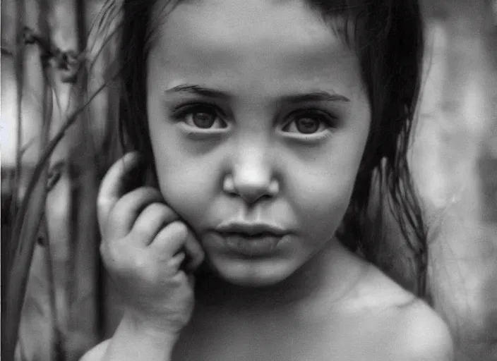 Image similar to professional fine detailed photo portrait of young angelina jolie from makhachkala, dagestan. kid angelina jolie in the postsoviet suburbia, iphone photo, instagram, black and white - - cfg _ scale 7