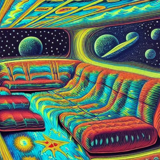 Image similar to psychedelic trippy couch in space, planets, milky way, sofa, cartoon by rob gonsalves and gustav dore