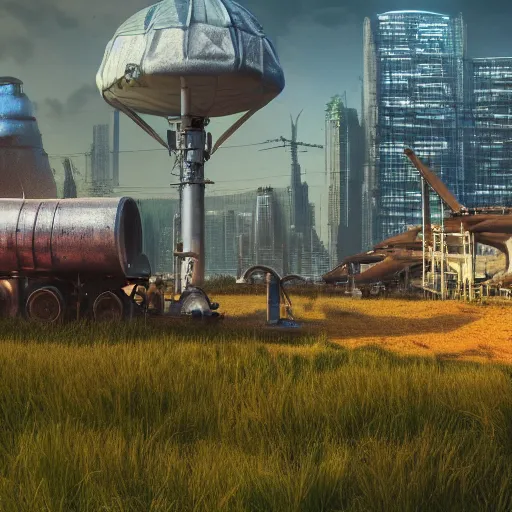 Image similar to fully detailed landscape of a cyberpunk farm , watertank, futuristic tractors, farmhouse, mushroom, overgrowth, Ai , in the future, high quality, 8k , octane render, trending on artstation , greg rutowski