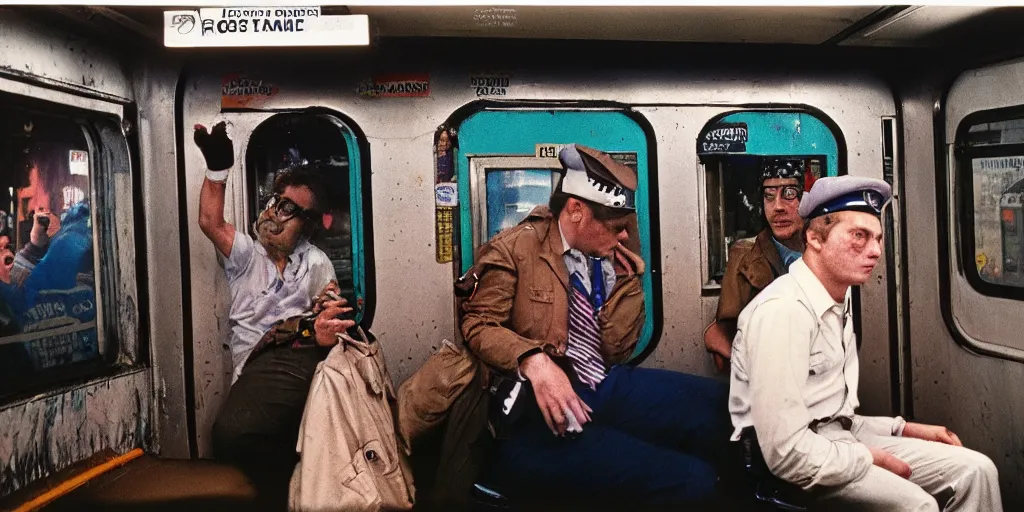 Image similar to new york subway cabin 1 9 8 0 s inside all in graffiti, policeman closeup, coloured film photography, christopher morris photography, bruce davidson photography