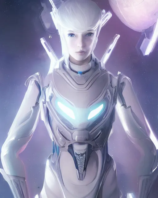 Image similar to photo of an android girl on a mothership, warframe armor, beautiful face, scifi, futuristic, galaxy, raytracing, dreamy, perfect, aura of light, pure, white hair, blue eyes, glow, insanely detailed, artstation, innocent look, art by gauthier leblanc, kazuya takahashi, huifeng huang