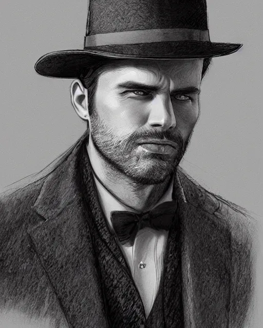 Prompt: portrait of a detective, zoomed in, noir, fedora, tweed coat, confident, handsome, heavy shading, vintage, high quality, centered, by artgerm, artstation, ( ( ( by ilya repin ) ) )