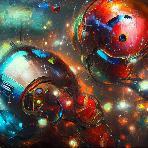 Image similar to two Artificial Intelligence fighting with brushes on a canvas to create the most beautiful painting ever, oil painting, digital art, trending on artstation, highly detailed, 8k, luminous, biomechanical