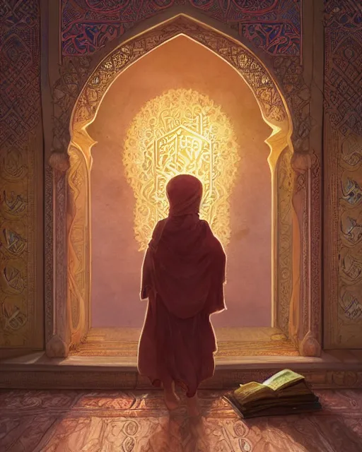 Image similar to a faceless bedouin child infront of a big open quran highly detailed, gold filigree, romantic storybook fantasy, soft cinematic lighting, award, disney concept art watercolor illustration by mandy jurgens and alphonse mucha and alena aenami, pastel color palette, featured on artstation